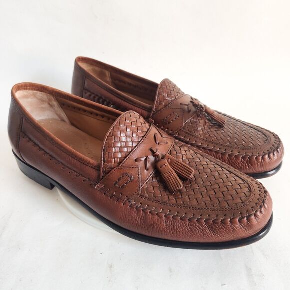Brass Boot Loafers Mens Size 11 M Handmade Brown Woven All Leather Tassels Shoes - Picture 1 of 14